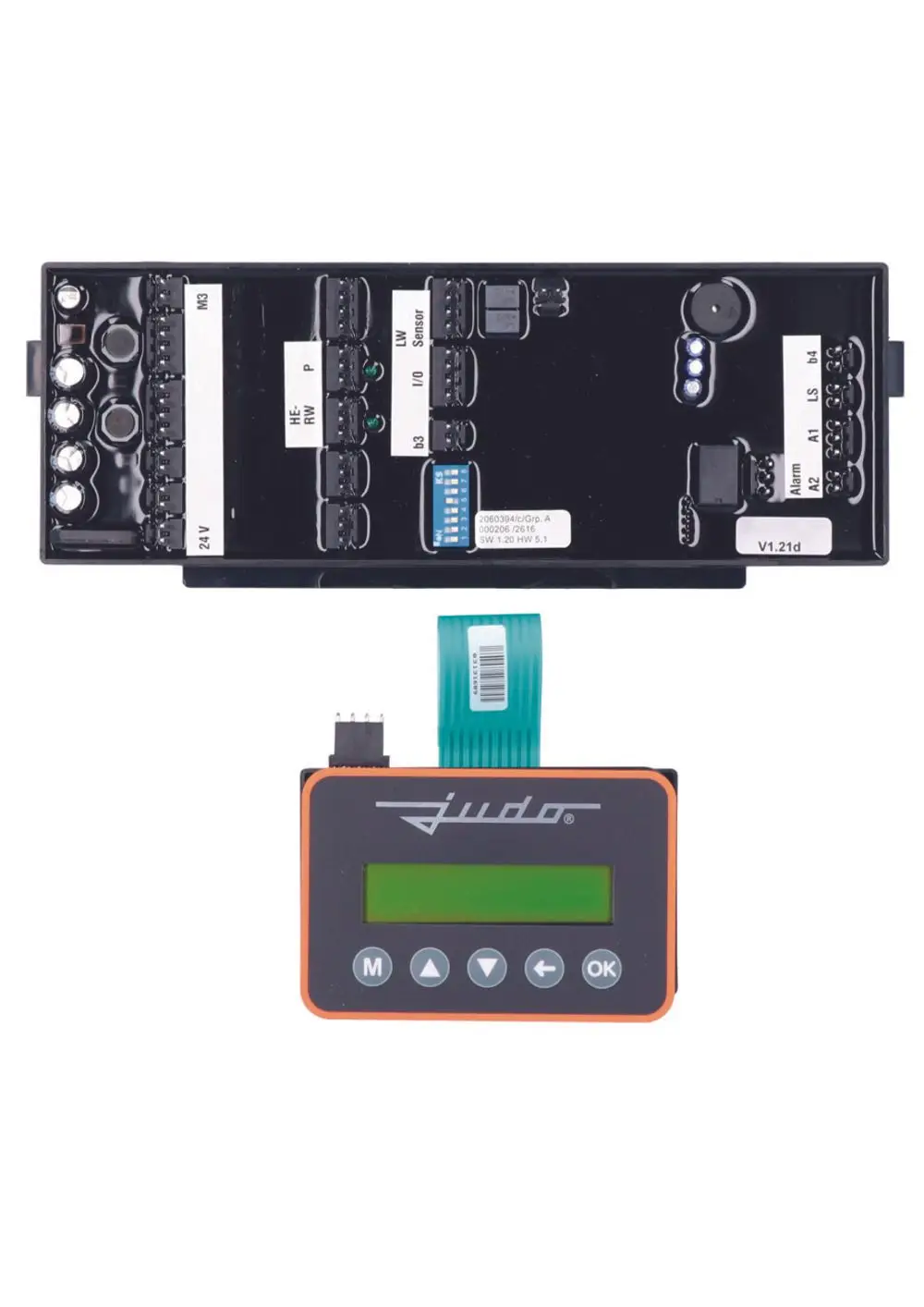 Elektronische Baugruppe von Judo mit Display und Bedienelementen, verbunden durch ein flexibles Flachbandkabel. Komponenten sind deutlich gekennzeichnet und in einem Gehäuse angeordnet.